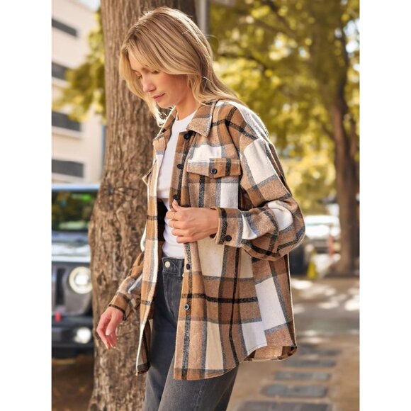 Womens Fall Outfits Fashion Clothes Shackets Flannel Plaid Button Down Long Slee - Picture 3 of 5